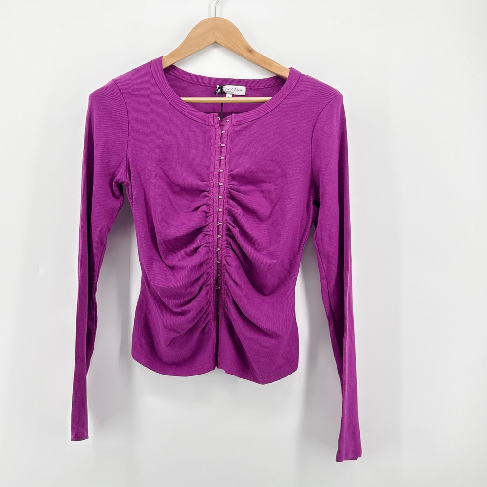 Michael Stars Minka Ruched Hook Eye Tee Berry Purple Ultra Rib Long Sleeve Large